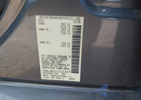 2020 Nissan Altima S Fwd z USA, uszkodzony, nr VIN 1N4BL4BV2LC217347